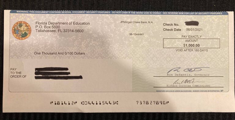 Teachers receive $1,000 checks in mail from CARES funds with Desantis’ signature