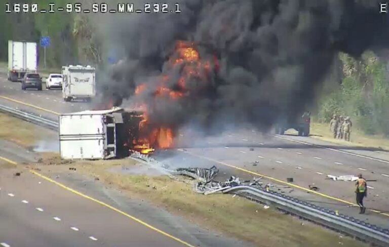 Fatal Crash on I-95 in North Brevard County Leaves One Dead After Semi-Truck Overturns and Catches Fire