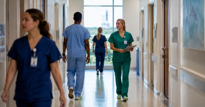 Health First clinical staff in colored scrubs in a Space Coast hospital corridor