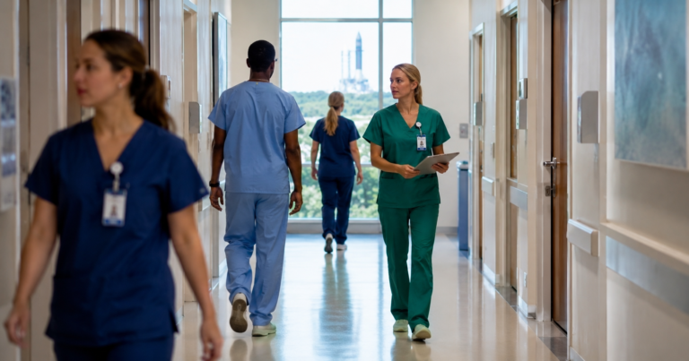 Health First clinical staff in colored scrubs in a Space Coast hospital corridor