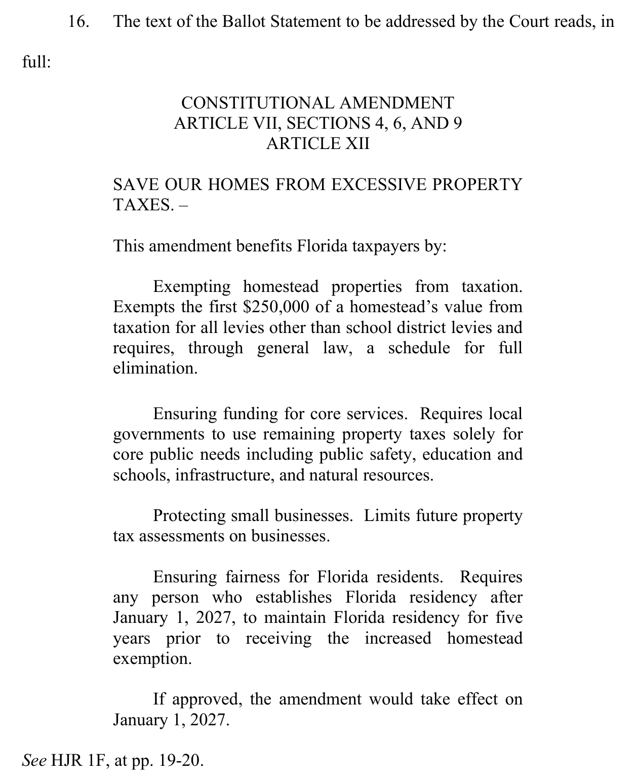 The full ballot title and summary for HJR 1F as reproduced in the complaint, beginning with the title Save Our Homes From Excessive Property Taxes