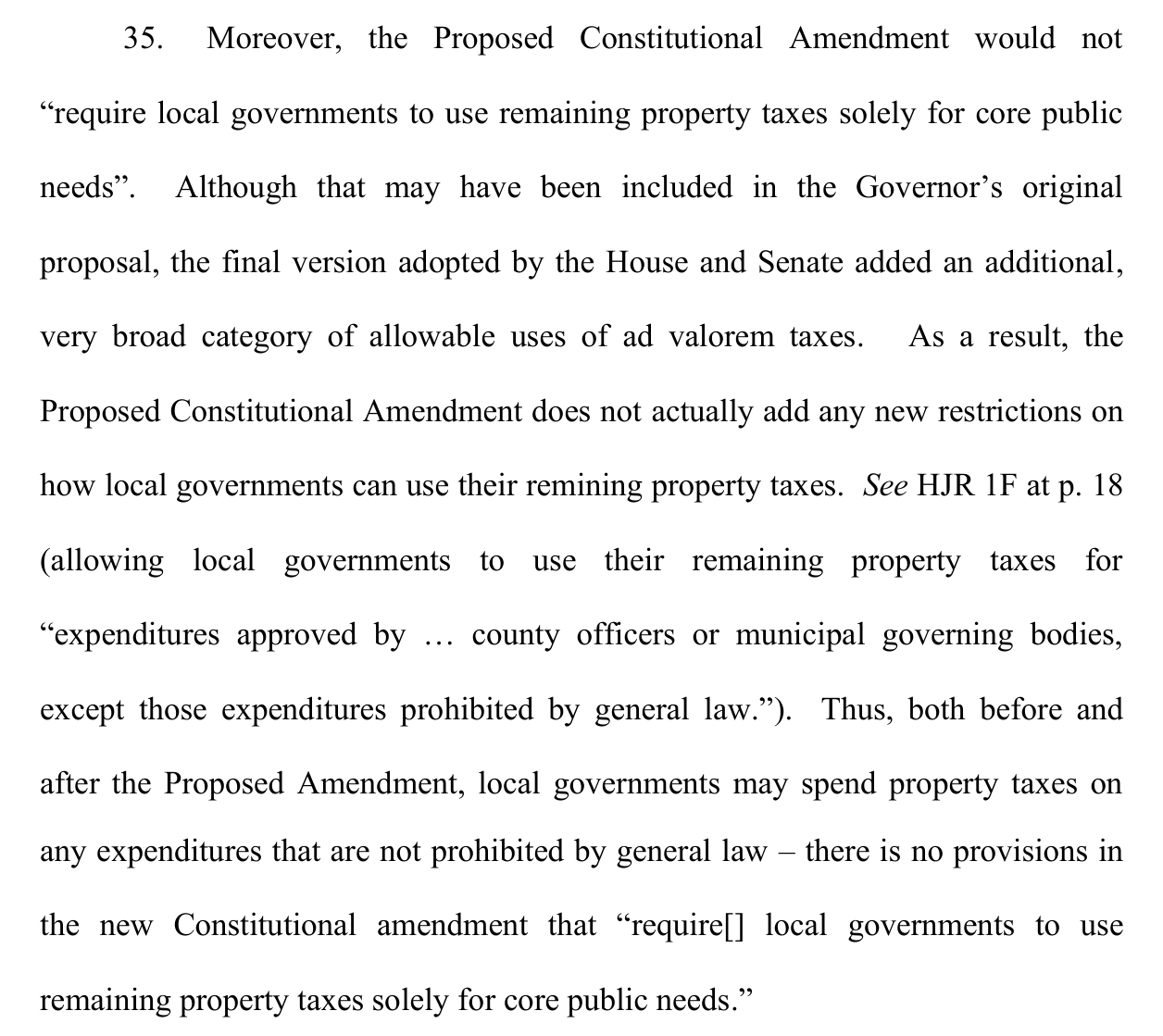 Paragraph 35 of the complaint explaining that the final version of HJR 1F added a broad catch-all category of allowable spending, adding no new restrictions on local governments