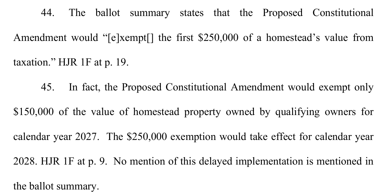 Paragraphs 44 and 45 of the complaint showing the exemption is only 150,000 dollars in 2027 and does not reach 250,000 dollars until 2028