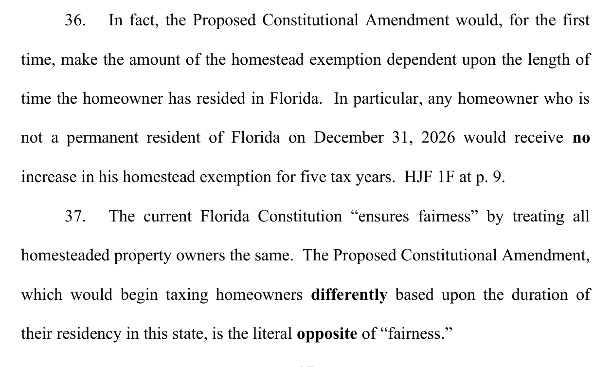 Paragraphs 36 and 37 of the complaint arguing the five year residency requirement is the literal opposite of fairness