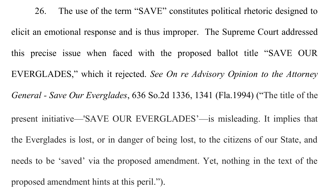 Paragraph 26 of the complaint citing the Florida Supreme Court decision rejecting the Save Our Everglades ballot title