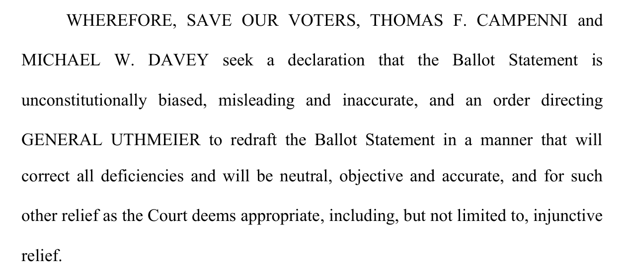The WHEREFORE clause of the complaint asking the court to order Attorney General Uthmeier to redraft the ballot statement
