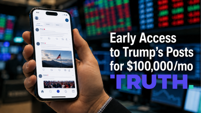 Smartphone displaying a social media feed in front of a blurred Wall Street trading floor, illustrating Trump Media's Truth API data feed