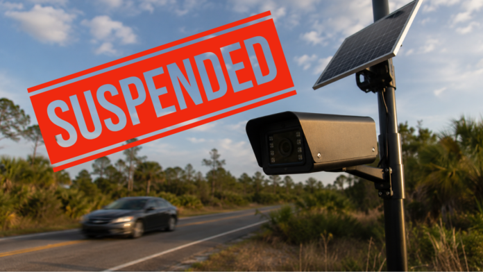 Solar-powered automated license plate reader camera mounted beside a Central Florida roadway