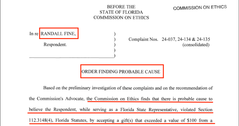 Ethics Commission finds probable cause Randy Fine took $20,000 in prohibited gifts, after a delay he spent two and a half years engineering