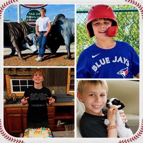 Four family photographs of Hunter Russey at different ages, including wearing a baseball helmet, celebrating a birthday and holding a small dog.